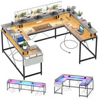 Bureau de jeu en U, bureau d'angle réversible avec prises de courant, bande LED et support de moniteur