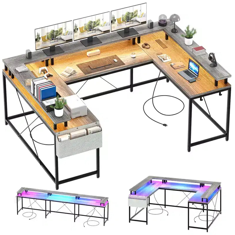 Bureau de jeu en U, bureau d'angle réversible avec prises de courant, bande LED et support de moniteur