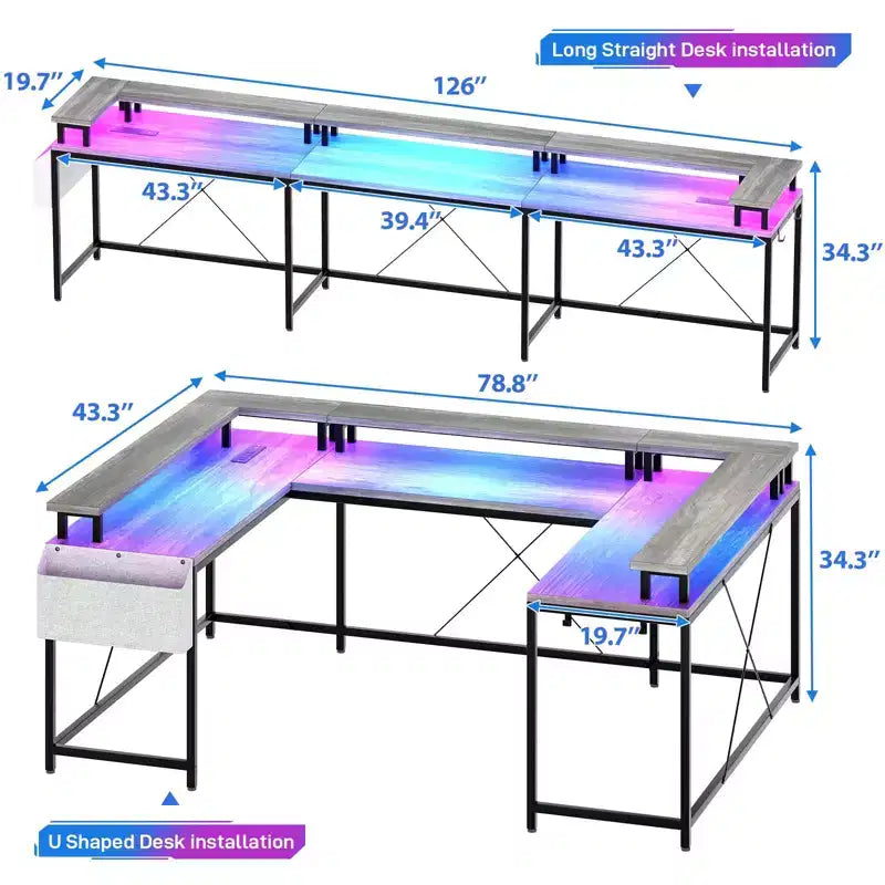 Bureau de jeu en U, bureau d'angle réversible avec prises de courant, bande LED et support de moniteur