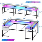 Bureau de jeu en U, bureau d'angle réversible avec prises de courant, bande LED et support de moniteur
