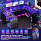 Bureau de jeu en U, bureau d'angle réversible avec prises de courant, bande LED et support de moniteur