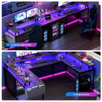 Bureau de jeu en U, bureau d'angle réversible avec prises de courant, bande LED et support de moniteur