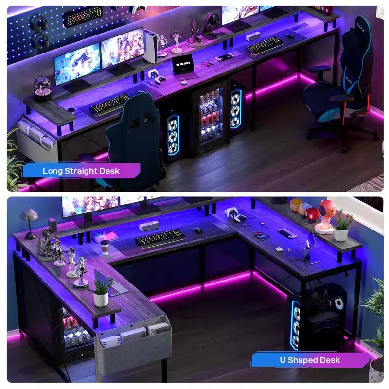 Bureau de jeu en U, bureau d'angle réversible avec prises de courant, bande LED et support de moniteur