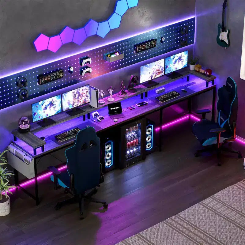 Bureau de jeu en U, bureau d'angle réversible avec prises de courant, bande LED et support de moniteur