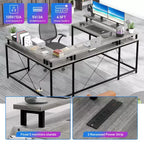 Bureau de jeu en U, bureau d'angle réversible avec prises de courant, bande LED et support de moniteur