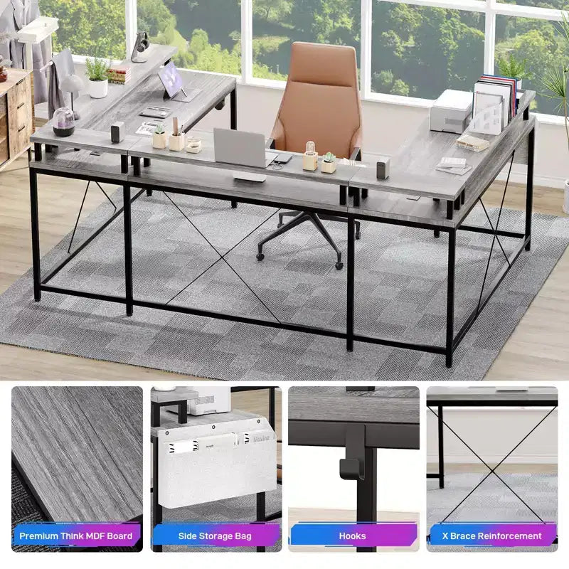 Bureau de jeu en U, bureau d'angle réversible avec prises de courant, bande LED et support de moniteur