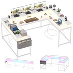 Bureau de jeu en U, bureau d'angle réversible avec prises de courant, bande LED et support de moniteur