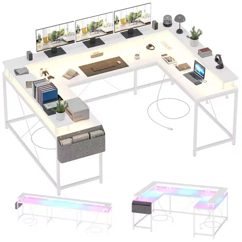 Bureau de jeu en U, bureau d'angle réversible avec prises de courant, bande LED et support de moniteur