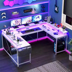 Bureau de jeu en U, bureau d'angle réversible avec prises de courant, bande LED et support de moniteur