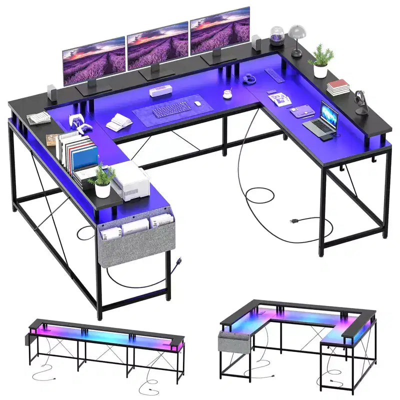 Bureau de jeu en U, bureau d'angle réversible avec prises de courant, bande LED et support de moniteur