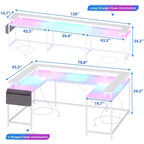 Bureau de jeu en U, bureau d'angle réversible avec prises de courant, bande LED et support de moniteur