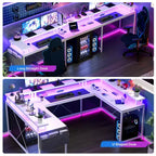 Bureau de jeu en U, bureau d'angle réversible avec prises de courant, bande LED et support de moniteur