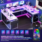 Bureau de jeu en U, bureau d'angle réversible avec prises de courant, bande LED et support de moniteur