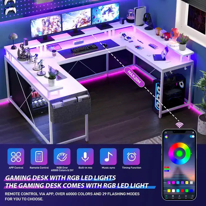 Bureau de jeu en U, bureau d'angle réversible avec prises de courant, bande LED et support de moniteur
