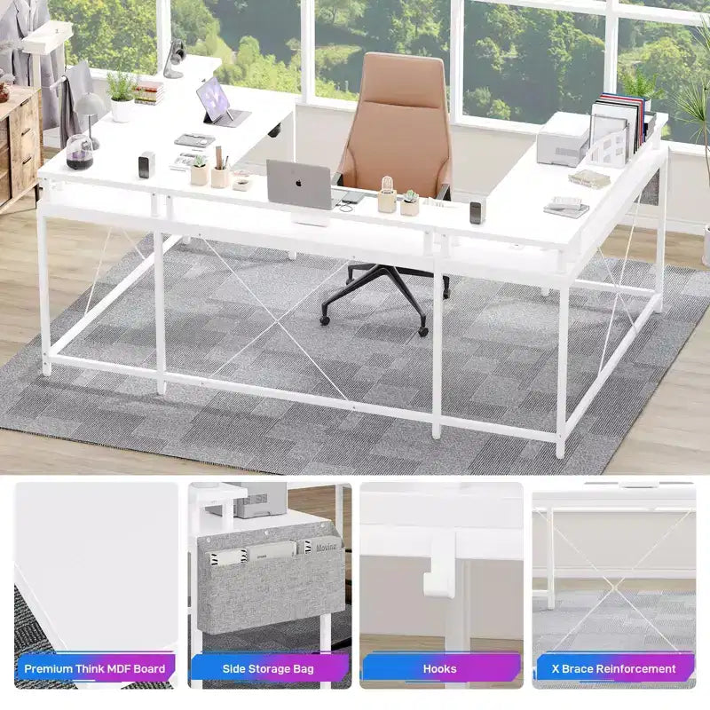 Bureau de jeu en U, bureau d'angle réversible avec prises de courant, bande LED et support de moniteur