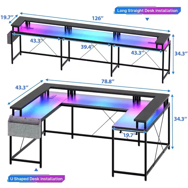 Bureau de jeu en U, bureau d'angle réversible avec prises de courant, bande LED et support de moniteur