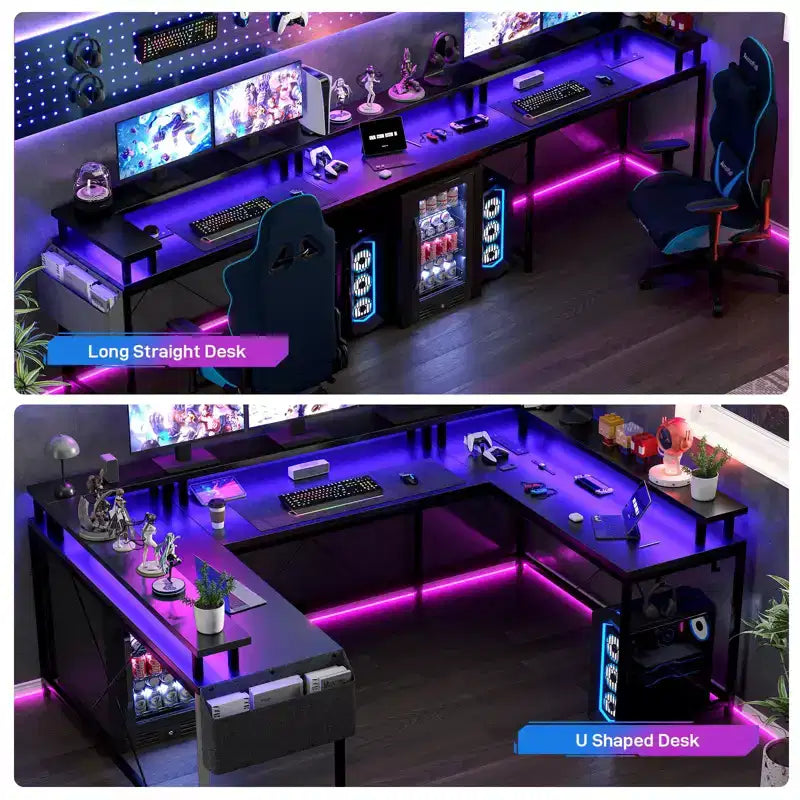 Bureau de jeu en U, bureau d'angle réversible avec prises de courant, bande LED et support de moniteur