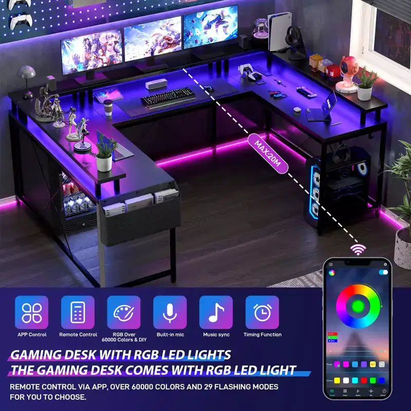 Bureau de jeu en U, bureau d'angle réversible avec prises de courant, bande LED et support de moniteur