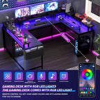 Bureau de jeu en U, bureau d'angle réversible avec prises de courant, bande LED et support de moniteur