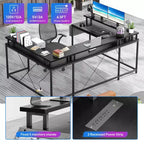 Bureau de jeu en U, bureau d'angle réversible avec prises de courant, bande LED et support de moniteur