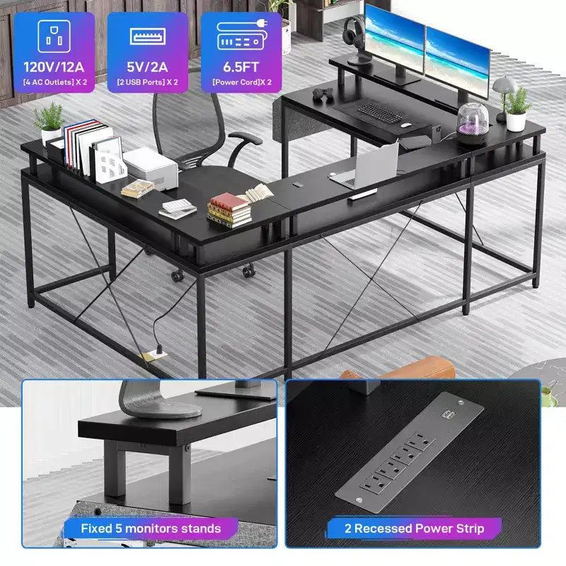 Bureau de jeu en U, bureau d'angle réversible avec prises de courant, bande LED et support de moniteur