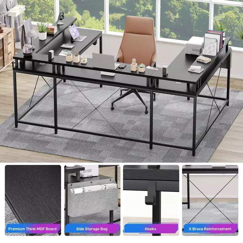 Bureau de jeu en U, bureau d'angle réversible avec prises de courant, bande LED et support de moniteur