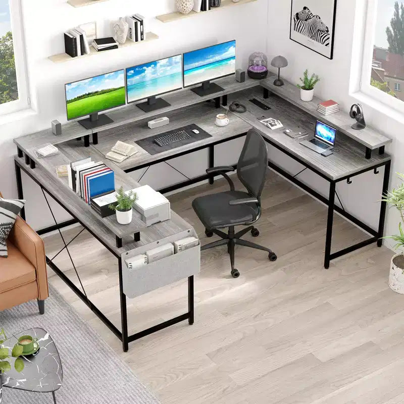 Bureau de jeu en U, bureau d'angle réversible avec prises de courant, bande LED et support de moniteur