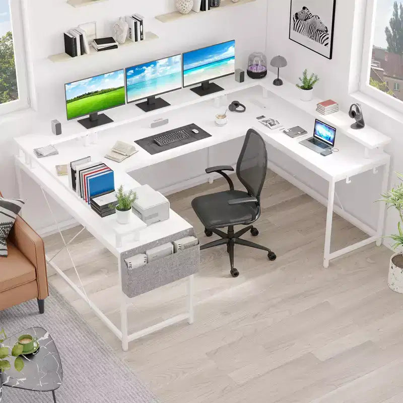 Bureau de jeu en U, bureau d'angle réversible avec prises de courant, bande LED et support de moniteur