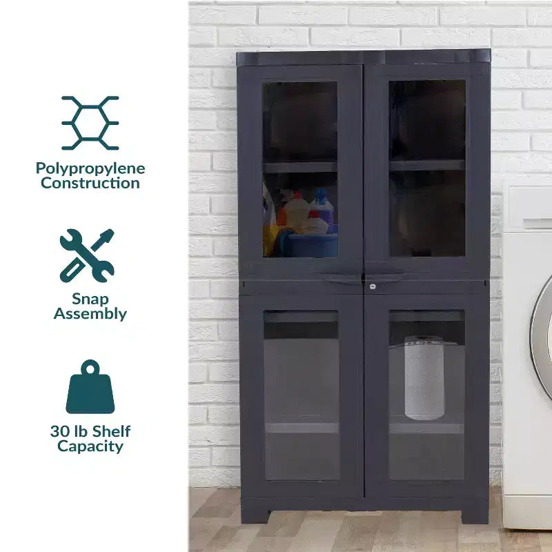 Sunnydaze Armoire de rangement verrouillable en plastique avec 3 étagères réglables et 4 fenêtres - Anthracite - 48,75