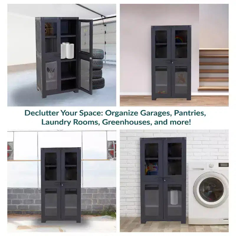 Sunnydaze Armoire de rangement verrouillable en plastique avec 3 étagères réglables et 4 fenêtres - Anthracite - 48,75