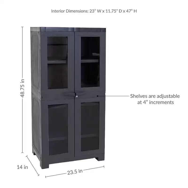 Sunnydaze Armoire de rangement verrouillable en plastique avec 3 étagères réglables et 4 fenêtres - Anthracite - 48,75