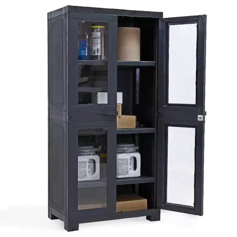 Sunnydaze Armoire de rangement verrouillable en plastique avec 3 étagères réglables et 4 fenêtres - Anthracite - 48,75