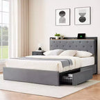 Garvee Bed Frame with 4 Storage Drawers and Charging Station, Upholstered Bed Frame with Storage Headboard -No Box Spring Needed