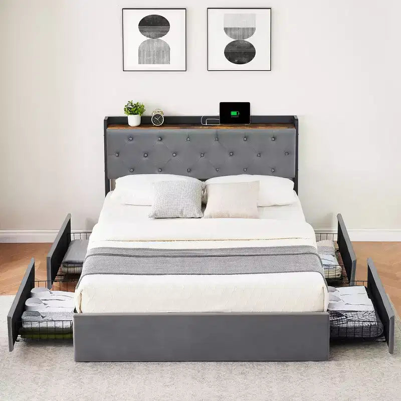 Cadre de lit Garvee avec 4 tiroirs de rangement et station de recharge, cadre de lit rembourré avec tête de lit de rangement - Aucun sommier tapissier requis