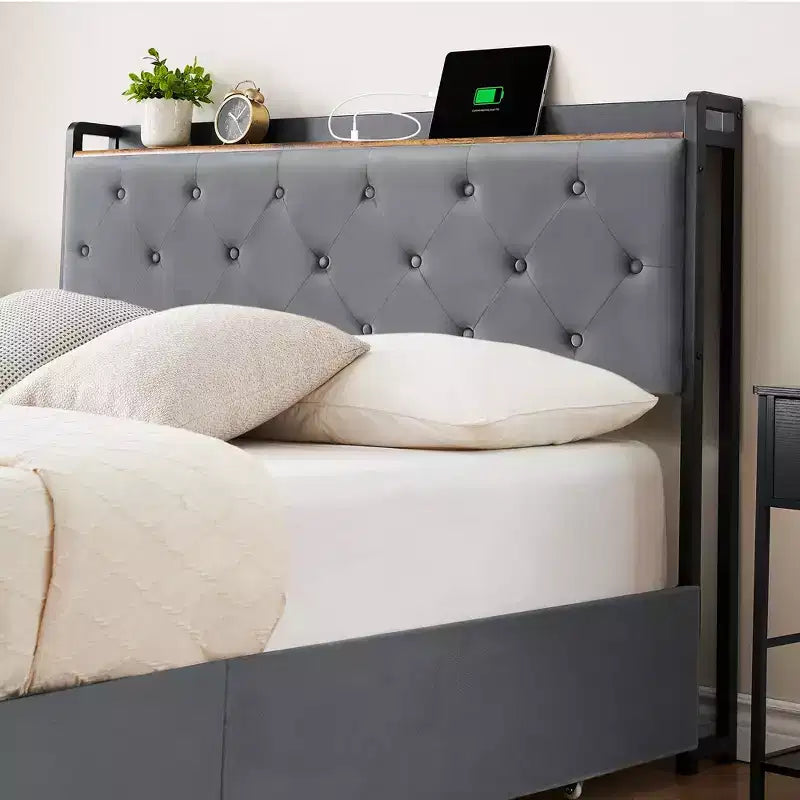 Cadre de lit Garvee avec 4 tiroirs de rangement et station de recharge, cadre de lit rembourré avec tête de lit de rangement - Aucun sommier tapissier requis