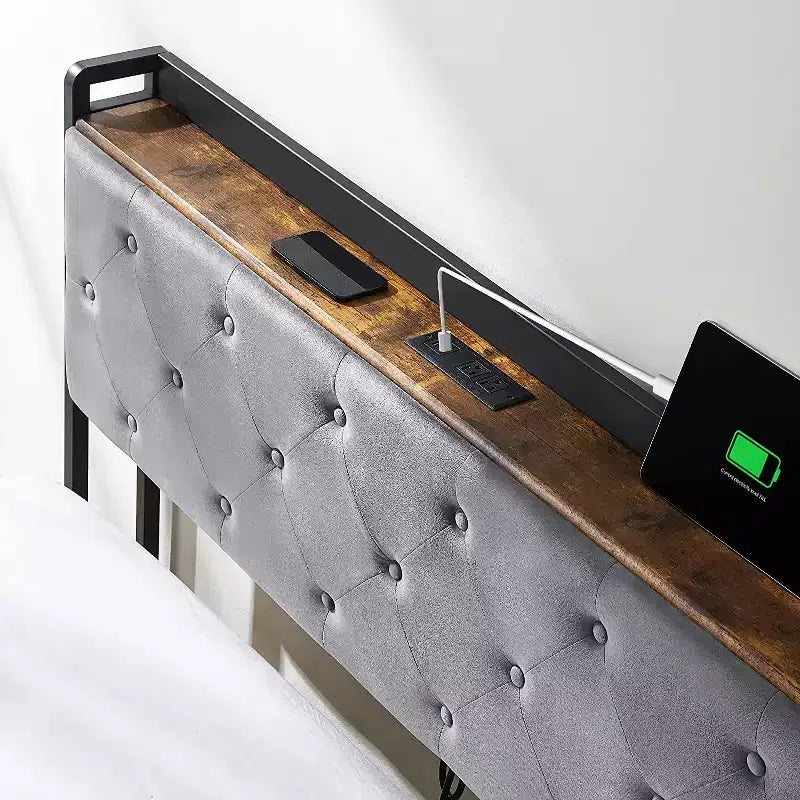 Cadre de lit Garvee avec 4 tiroirs de rangement et station de recharge, cadre de lit rembourré avec tête de lit de rangement - Aucun sommier tapissier requis