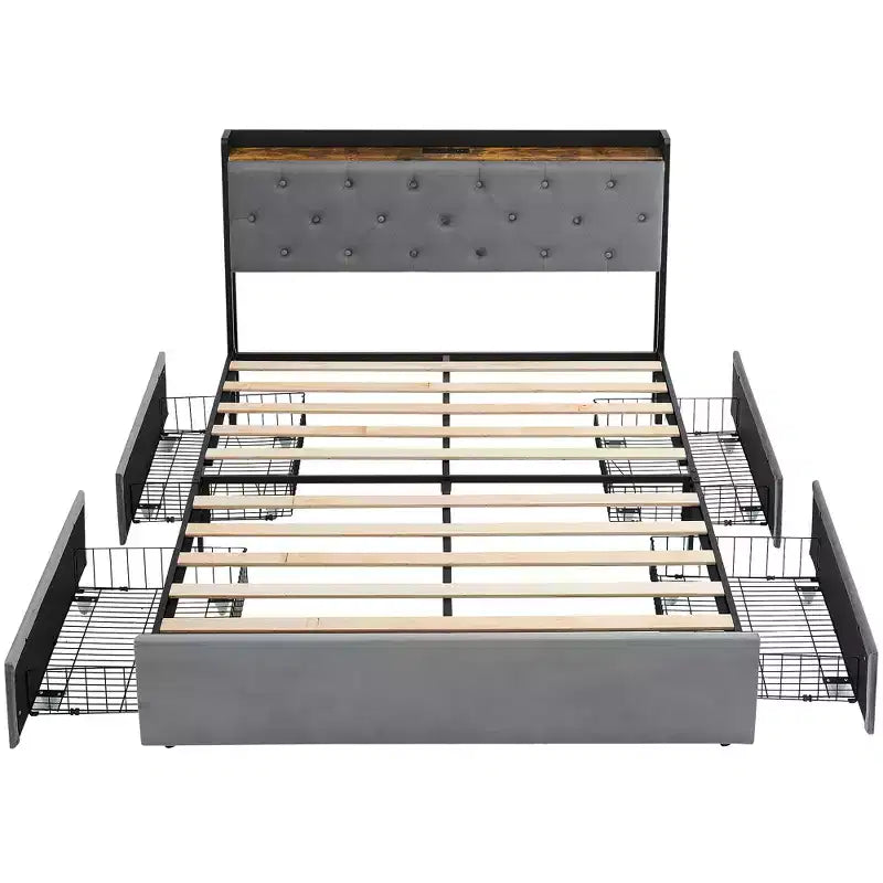 Cadre de lit Garvee avec 4 tiroirs de rangement et station de recharge, cadre de lit rembourré avec tête de lit de rangement - Aucun sommier tapissier requis