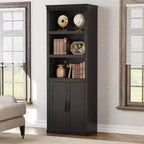 Farmhouse Bookcases with Doors, 5 Tier Bookshelf with Storage, Wooden Storage Cabinet