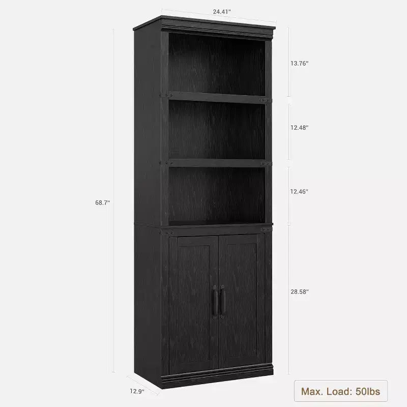 Bibliothèque de ferme avec portes, étagère à 5 niveaux avec rangement, armoire de rangement en bois