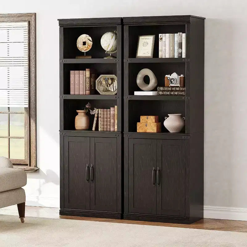 Bibliothèque de ferme avec portes, étagère à 5 niveaux avec rangement, armoire de rangement en bois