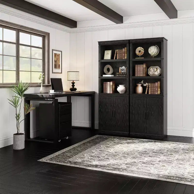 Bibliothèque de ferme avec portes, étagère à 5 niveaux avec rangement, armoire de rangement en bois