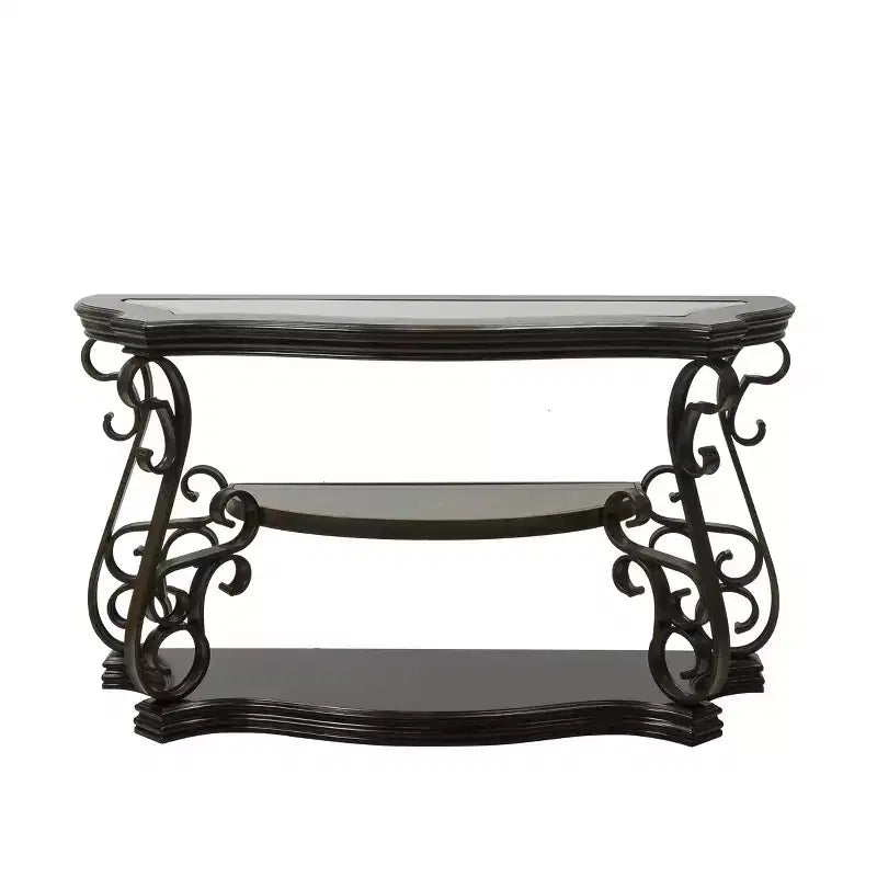 Console de salon GDFStudio Shirley traditionnelle à 2 niveaux en verre et bois avec étagère en marbre