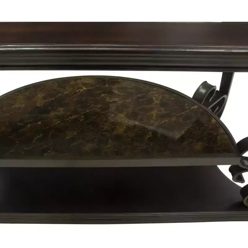 Console de salon GDFStudio Shirley traditionnelle à 2 niveaux en verre et bois avec étagère en marbre