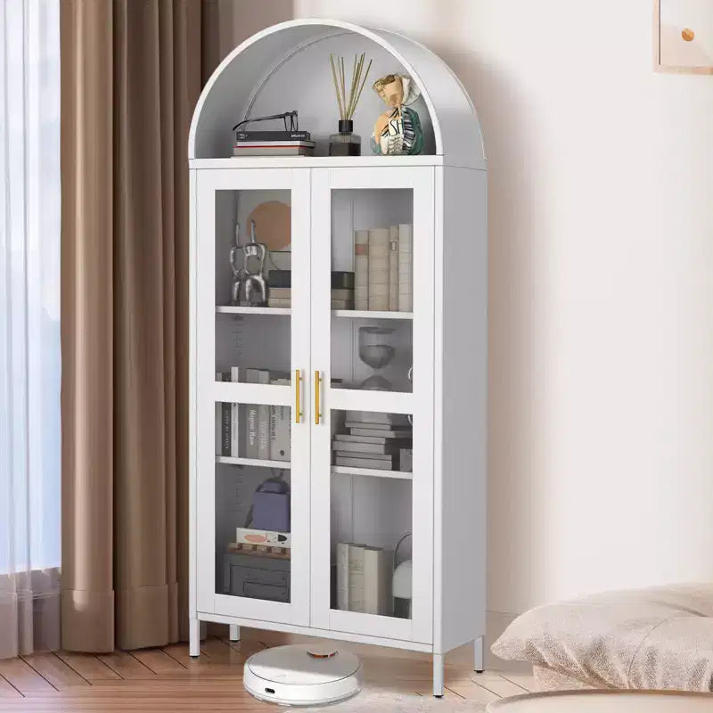 73 Tall Arched Pantry Cabinet,Versatile Cupboard with Glass Door, 2 Adjustable Shelves & Drawers,Modern Farmhouse Arched Bookcase