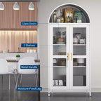 Garde-manger haut arqué de 185 cm, armoire polyvalente avec porte vitrée, 2 étagères réglables et tiroirs, bibliothèque arquée moderne de style ferme