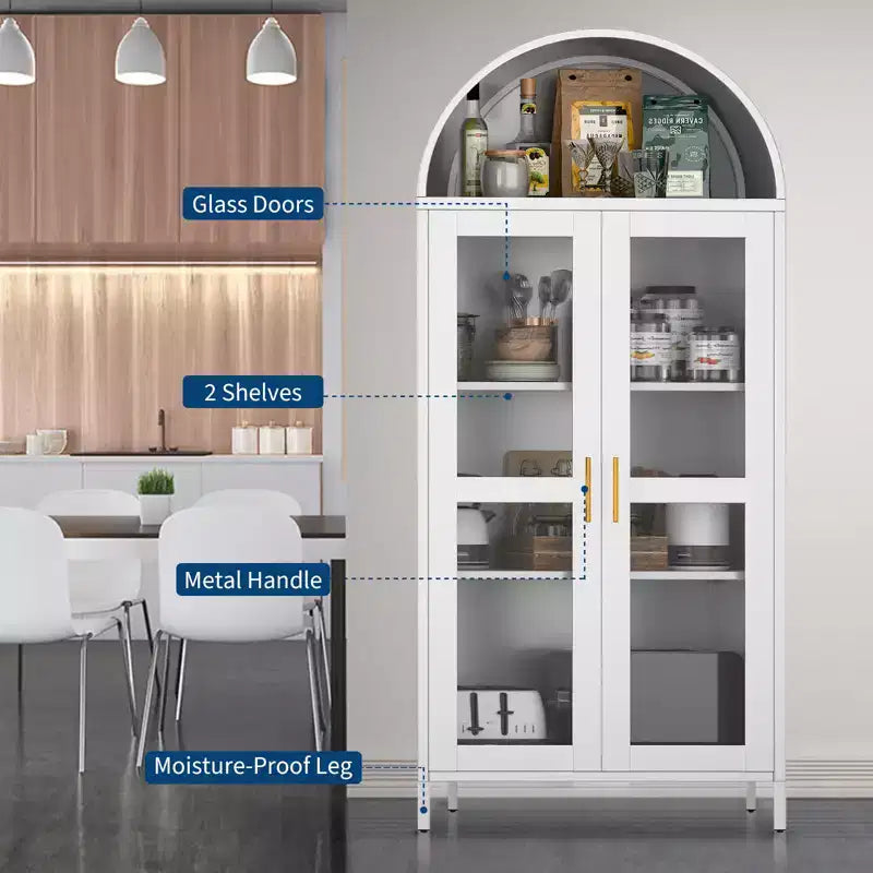 Garde-manger haut arqué de 185 cm, armoire polyvalente avec porte vitrée, 2 étagères réglables et tiroirs, bibliothèque arquée moderne de style ferme