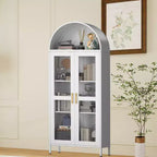 Garde-manger haut arqué de 185 cm, armoire polyvalente avec porte vitrée, 2 étagères réglables et tiroirs, bibliothèque arquée moderne de style ferme