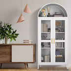 Garde-manger haut arqué de 185 cm, armoire polyvalente avec porte vitrée, 2 étagères réglables et tiroirs, bibliothèque arquée moderne de style ferme