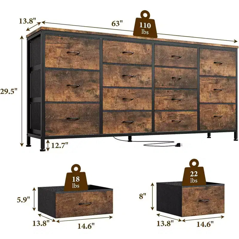 Meuble TV Acekool 14 tiroirs avec prise de courant, meuble TV en tissu de 160 cm pour téléviseurs de 65 à 75 pouces, rangement pour chambre et salon
