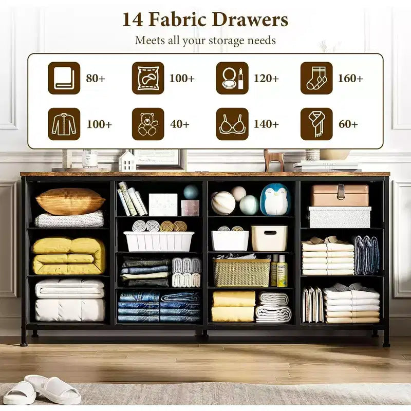 Meuble TV Acekool 14 tiroirs avec prise de courant, meuble TV en tissu de 160 cm pour téléviseurs de 65 à 75 pouces, rangement pour chambre et salon
